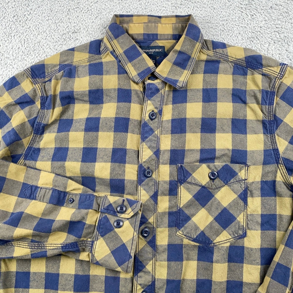 Banana Republic Shirt Mens Large Blue Yellow Buffalo Plaid Flannel Button Up